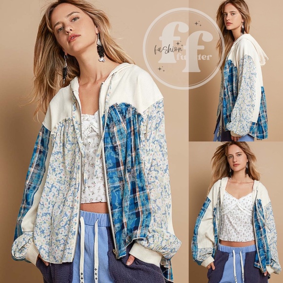POL Blue Boho Mixed Print Floral Plaid Thermal Knit Zip Up Jacket Hoodie - Picture 1 of 3